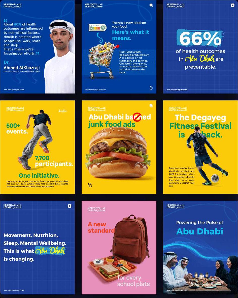 Healthy Living Abu Dhabi grid in bold blue and yellow